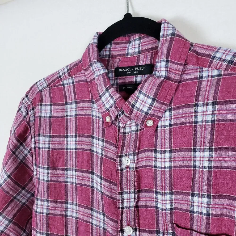 Banana Republic Camden Fit Linen Shirt Red Plaid Mens M Short Sleeve Preppy